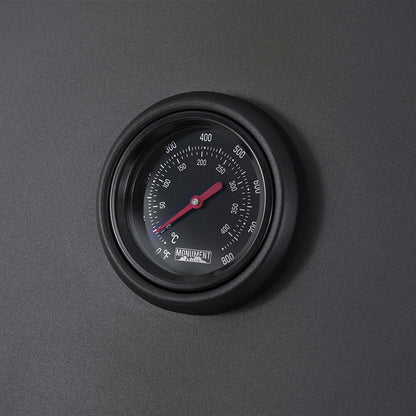 Eminence 425 6-Burner Propane Grill round thermometer gauge on black exterior Monument Grills on Tampa Home & Garden Store