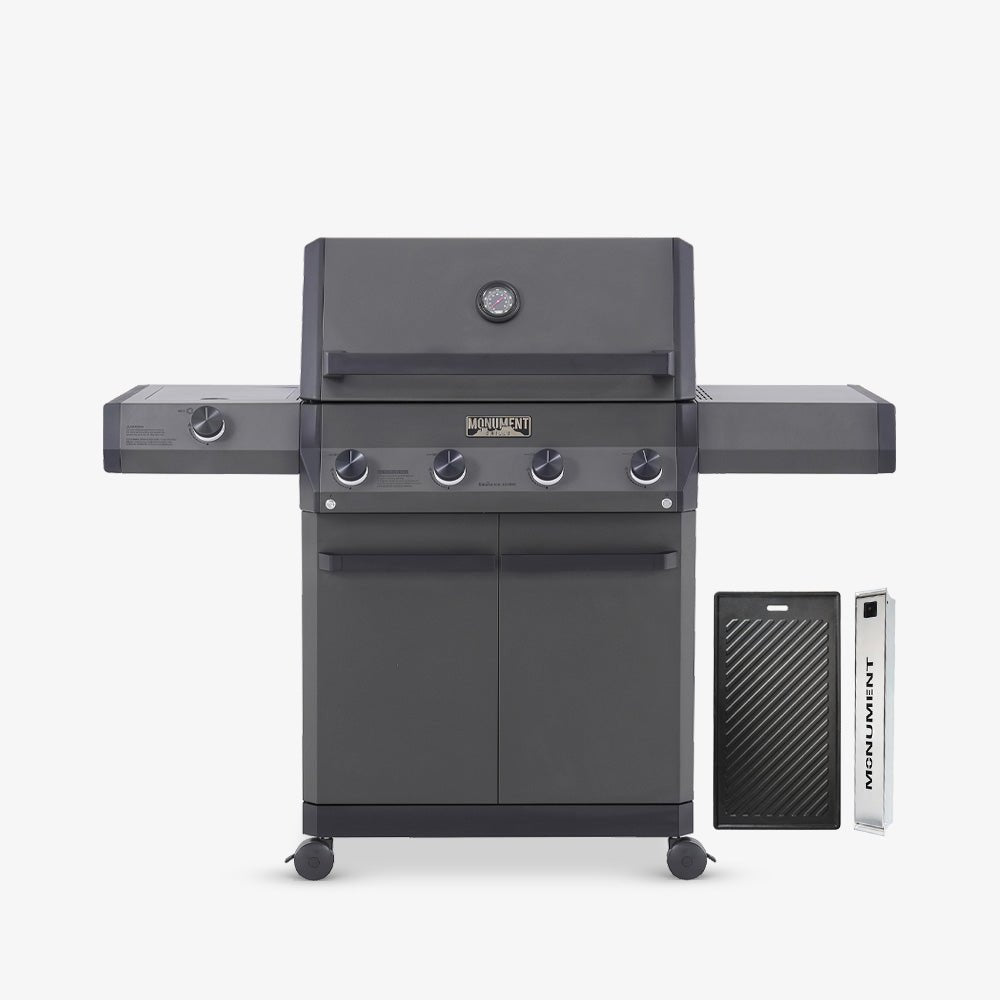 Eminence 425 6-burner Monument Grills propane gas grill with side shelves and thermometer on Tampa Home & Garden Store