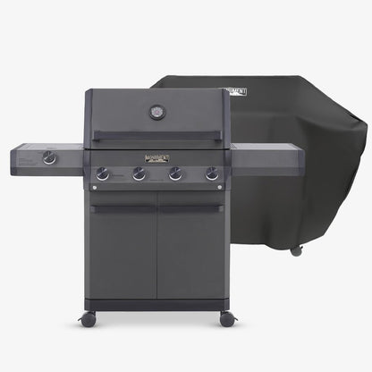 Monument Grills Eminence 425 6-burner propane gas grill on a wheeled cart with dark gray finish on Tampa Home & Garden Store