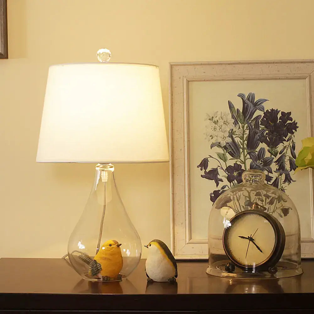 White Fabric Glass Lamp by Decorbites with a clear teardrop glass base and white shade on Tampa Home & Garden Store