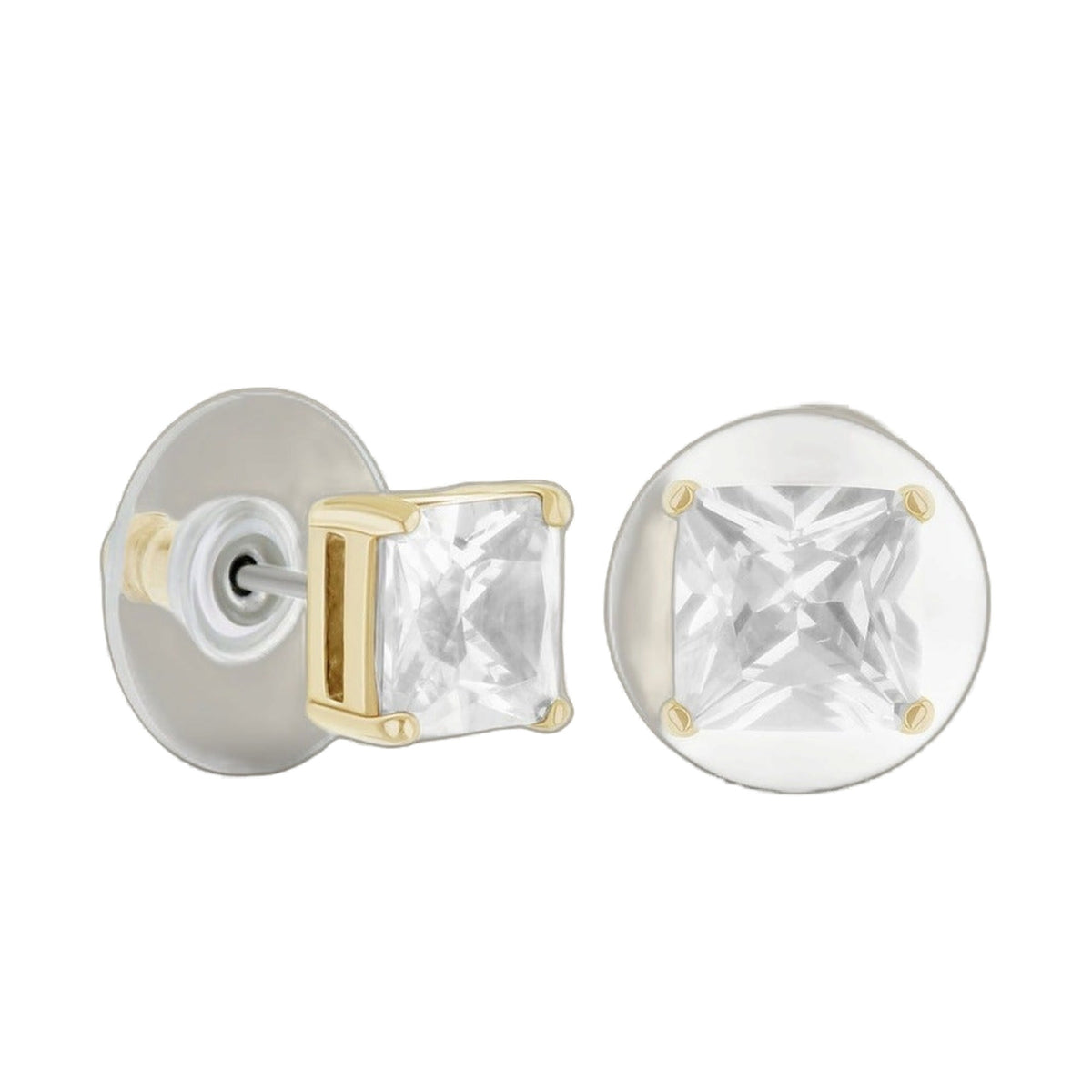 925 Princess Cut Earrings with clear CZ stones in gold-tone prong settings, stud pair on Tampa Home & Garden Store
