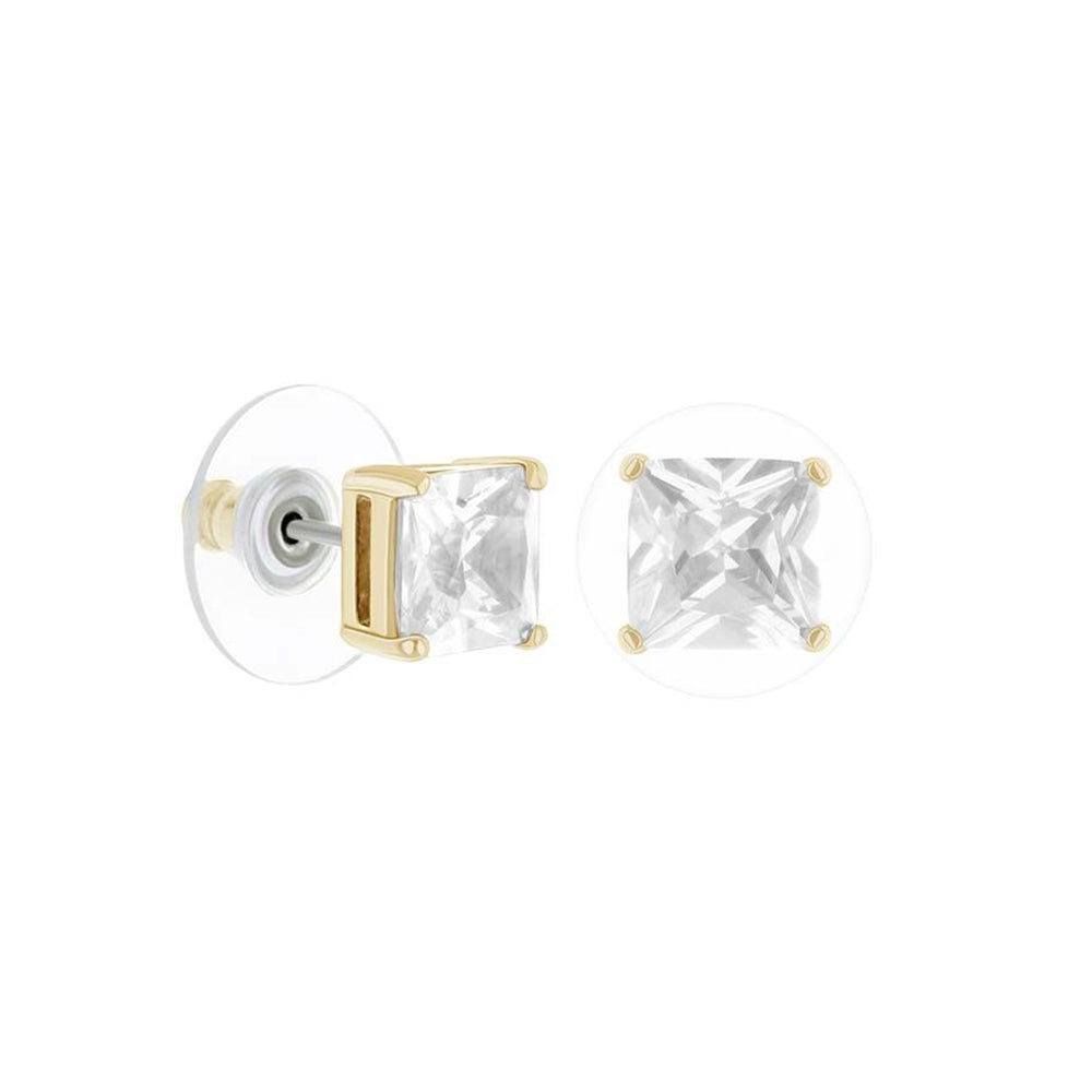 Pair of Lauren G Adams 925 Princess Cut Stud Earrings with gold prong settings and clear gemstones on Tampa Home & Garden Store