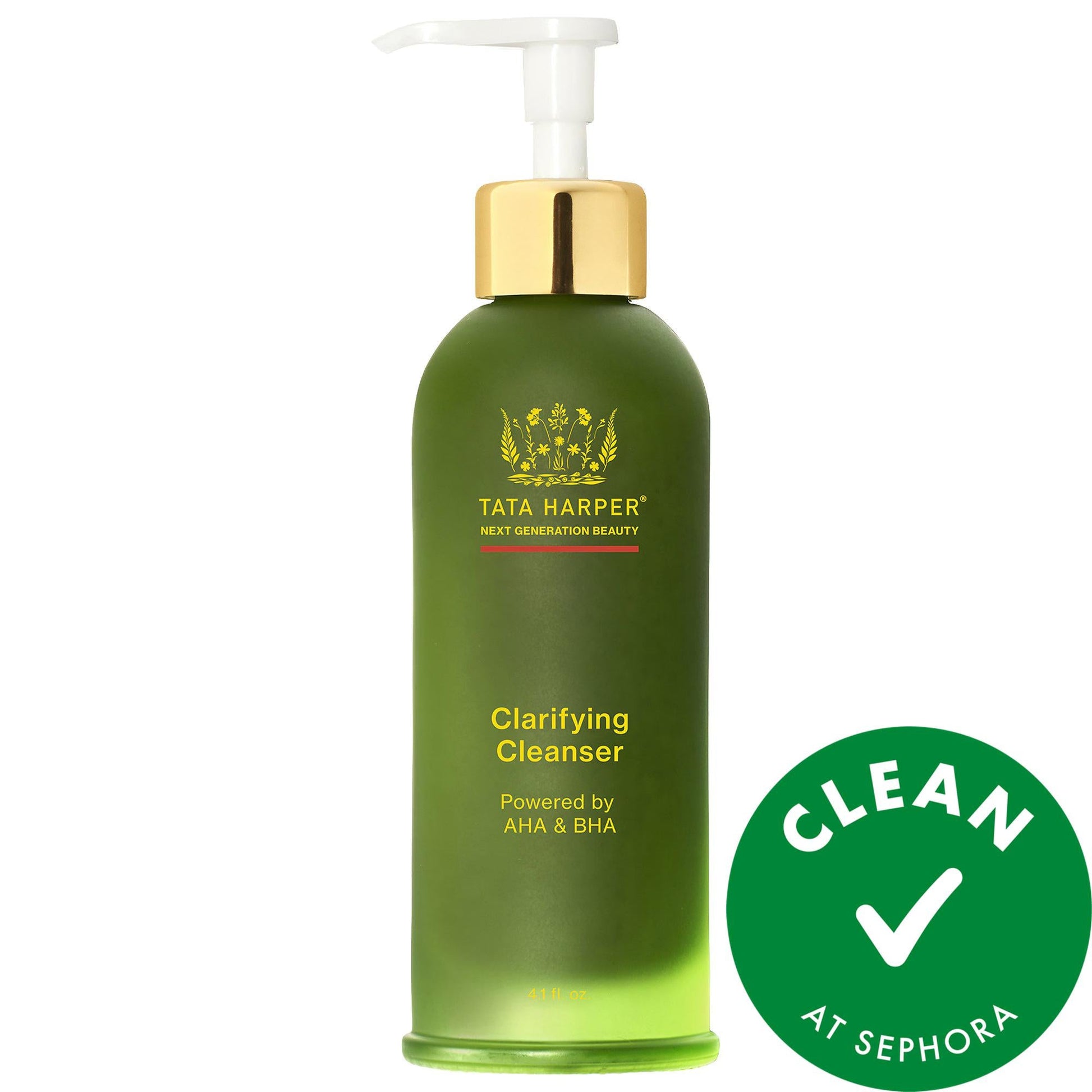 Tata Harper Clarifying Cleanser bottle with green body, gold neck and white pump on Tampa Home & Garden Store