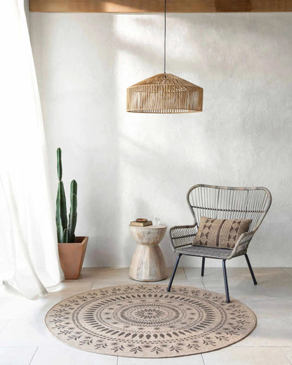 Beata Round Faux Jute Outdoor Rug natural beige woven circular design on Tampa Home & Garden Store