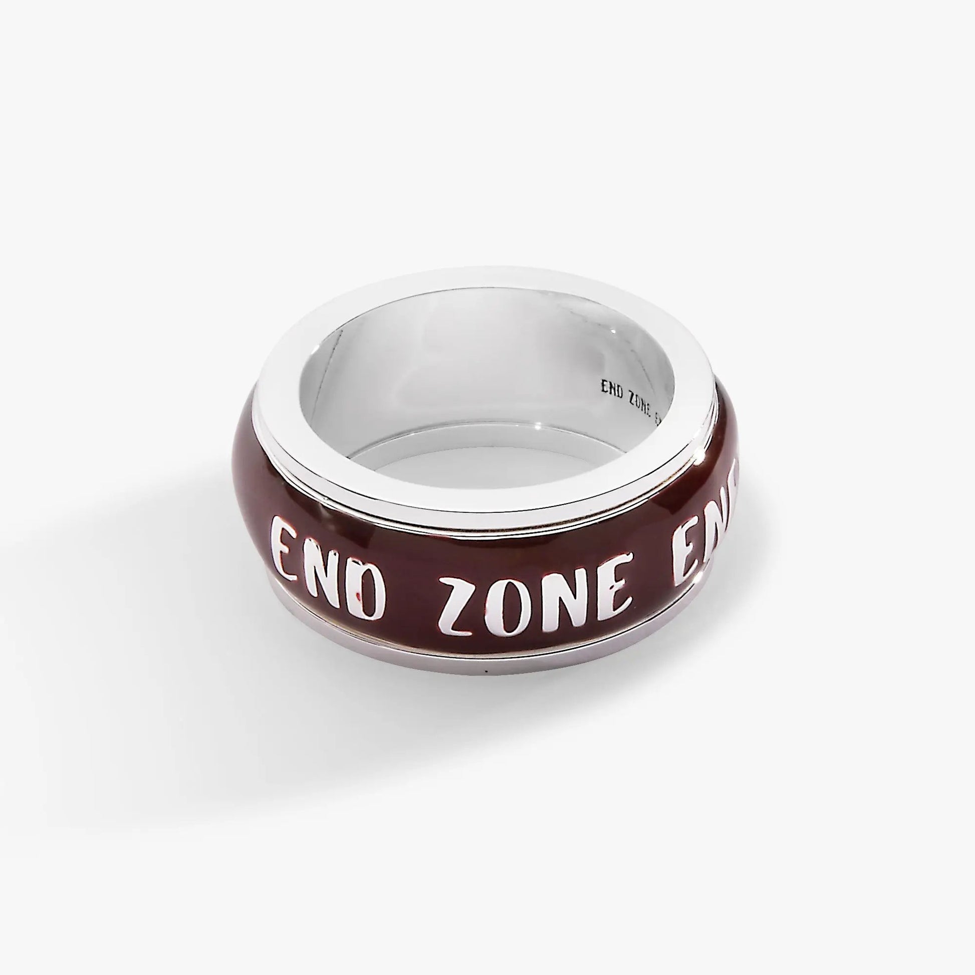 Alex and Ani Football Fidget Ring, burgundy band with END ZONE lettering and silver inner rim on Tampa Home & Garden Store