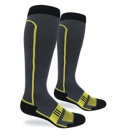 Endurance graduated compression sock pair in dark gray with yellow accents and black toes on Tampa Home & Garden Store