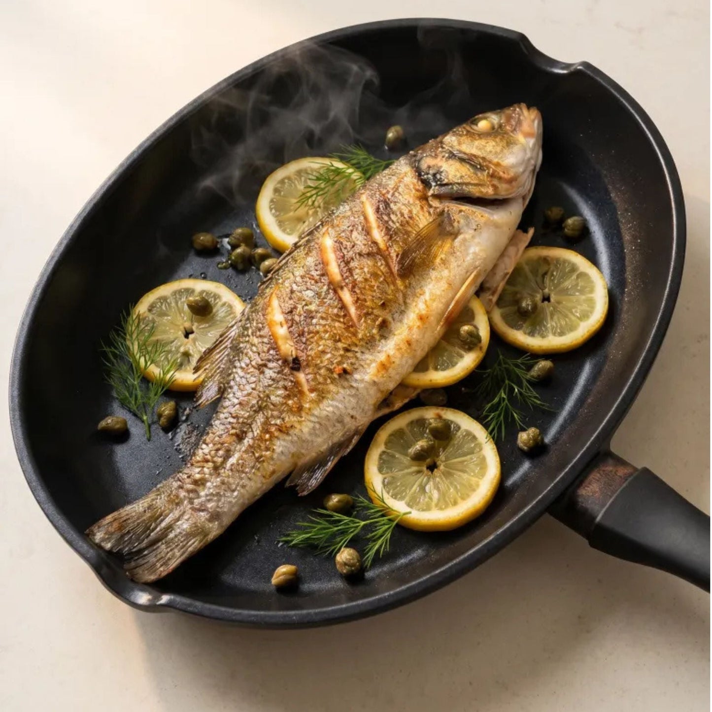 Ceramic Nonstick Whole Fish Pan in black with lemon slices, dill, and capers on Tampa Home & Garden Store