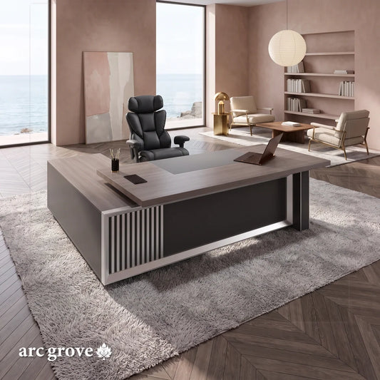 Engel Modern L-Shaped Executive Desk by Arc Grove in gray wood finish with slatted front on Tampa Home & Garden Store