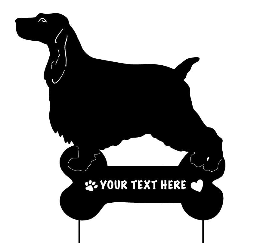 English Cocker Spaniel garden stake silhouette with bone-shaped plaque for personalized text on Tampa Home & Garden Store