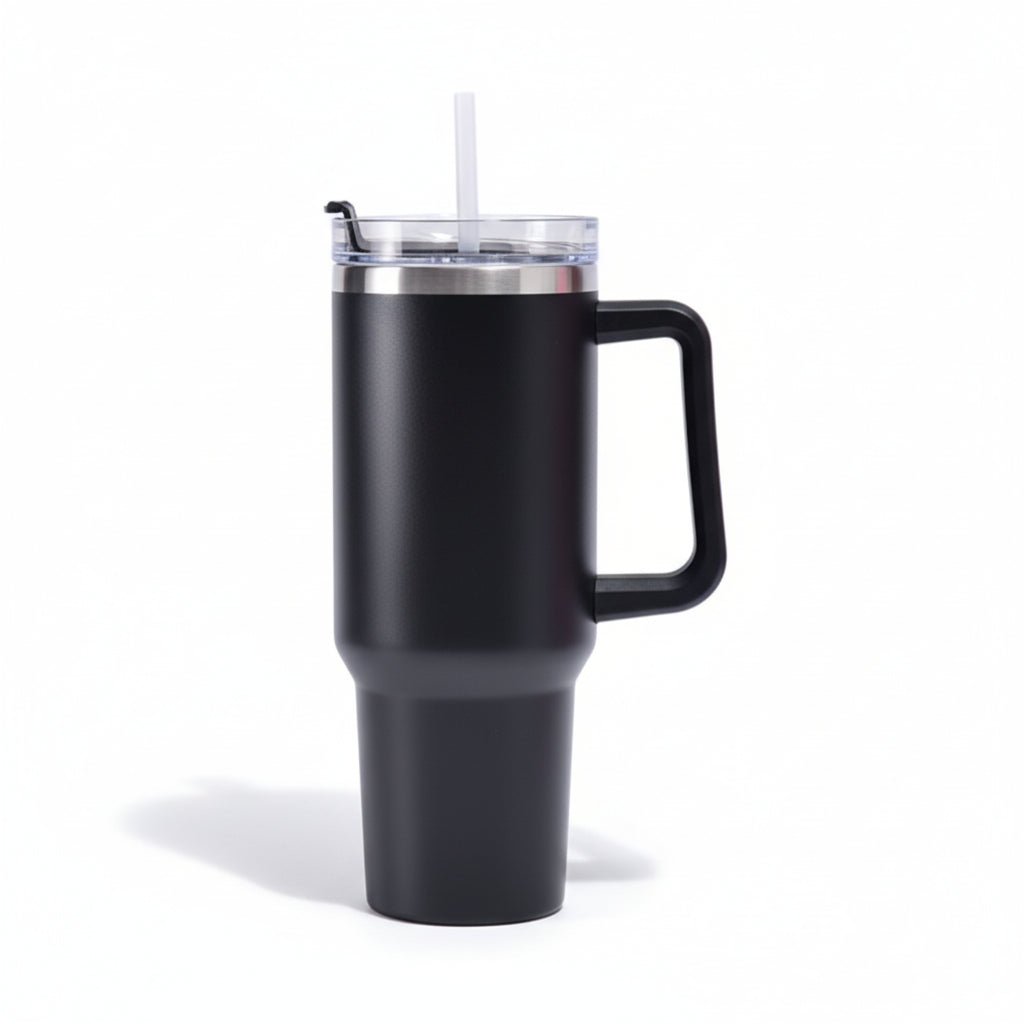 Shaketea 40 oz stainless insulated tumbler with black matte finish, handle and straw lid on Tampa Home & Garden Store
