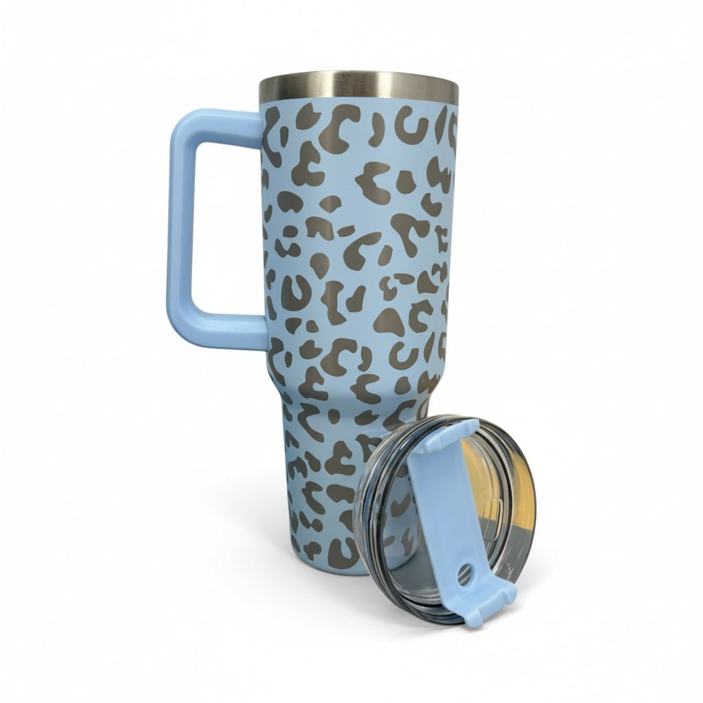 Engraved Leopard Print 40oz Tumbler with Handle and Straw Lid, blue handle, stainless steel on Tampa Home & Garden Store