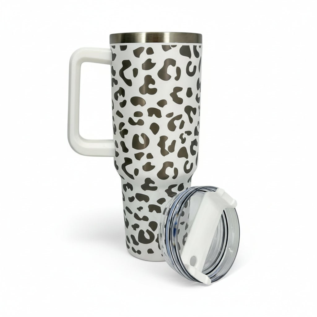 Engraved leopard print 40 oz stainless steel tumbler with handle and straw lid Shaketea on Tampa Home & Garden Store