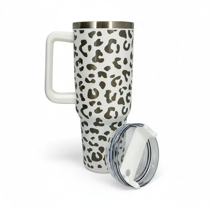 Engraved leopard print 40 oz stainless steel tumbler with handle and straw lid Shaketea on Tampa Home & Garden Store