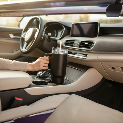 Shaketea 40 oz stainless insulated tumbler with straw lid, black in car on Tampa Home & Garden Store