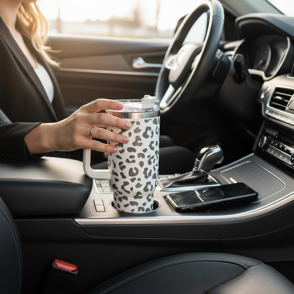 Engraved Leopard Print 40 oz Tumbler with Handle and Straw Lid in car cup holder on Tampa Home & Garden Store