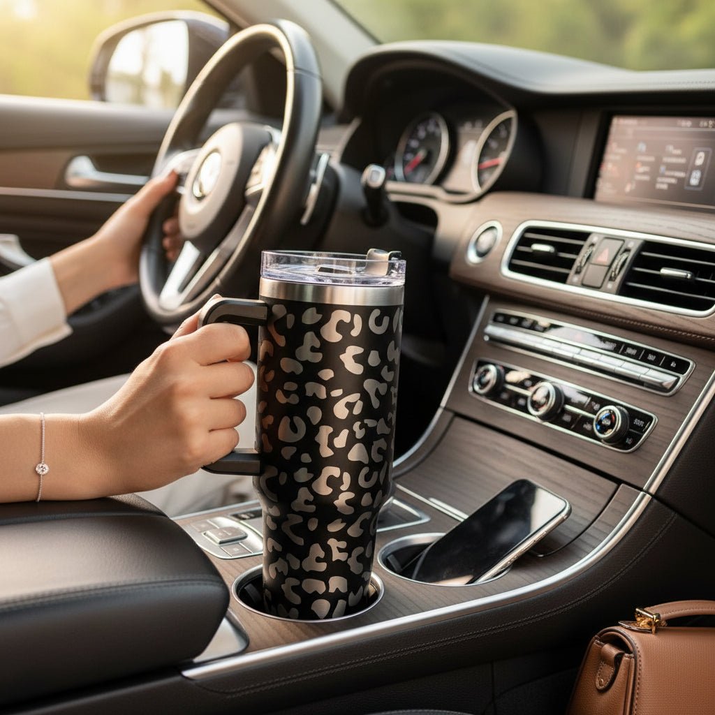 Engraved leopard print 40 oz stainless steel tumbler with handle and straw lid by Shaketea on Tampa Home & Garden Store