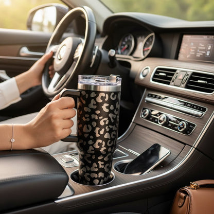 Engraved leopard print 40 oz stainless steel tumbler with handle and straw lid by Shaketea on Tampa Home & Garden Store