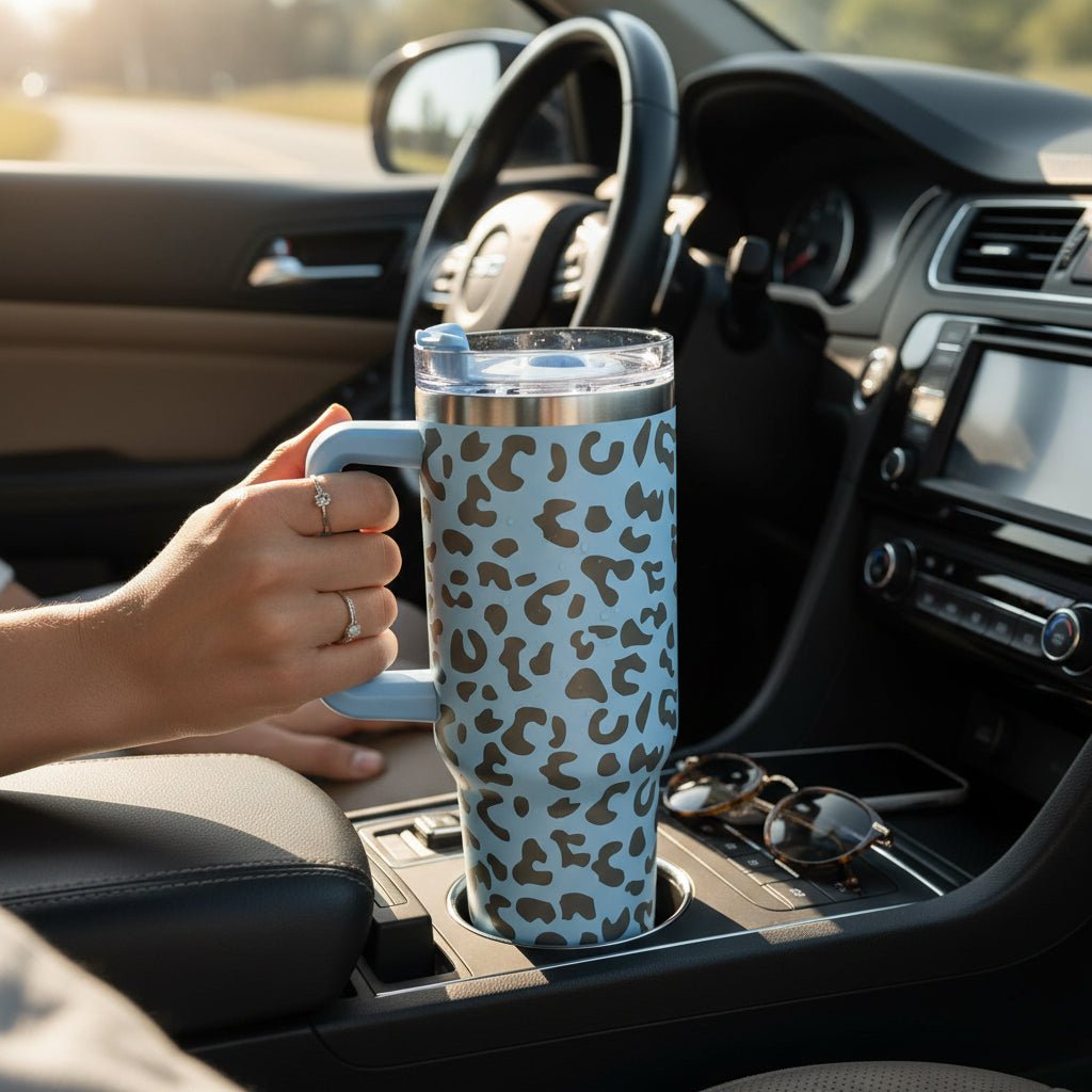 Engraved Leopard Print 40 oz Tumbler with Handle and Straw Lid by Shaketea, blue pattern on Tampa Home & Garden Store