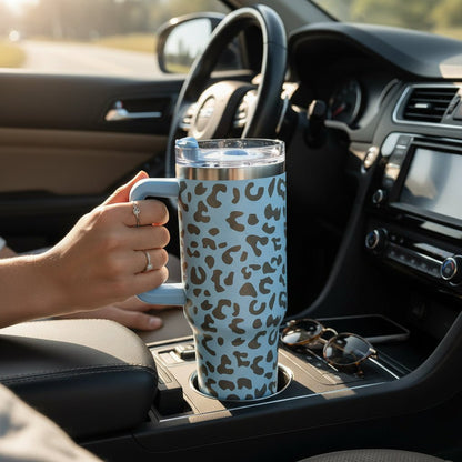 Engraved Leopard Print 40 oz Tumbler with Handle and Straw Lid by Shaketea, blue pattern on Tampa Home & Garden Store