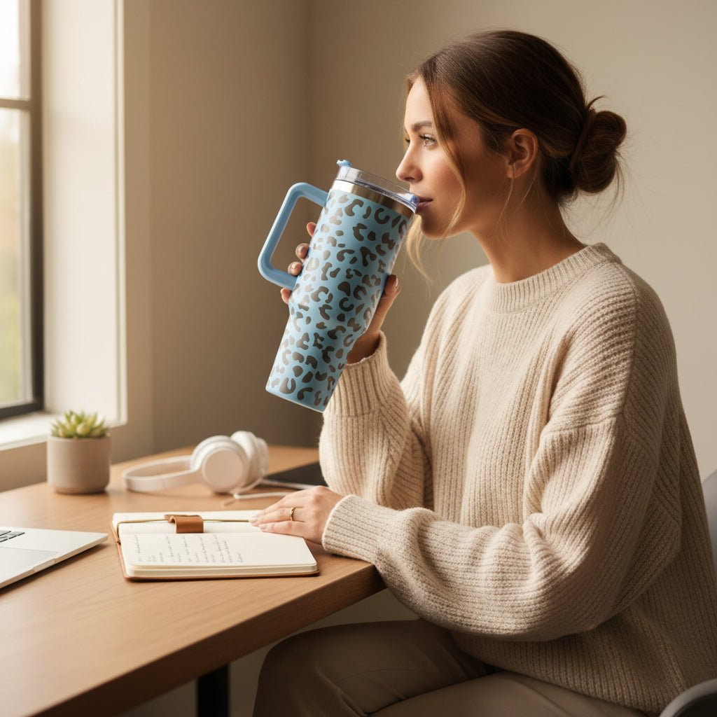 Shaketea leopard-print 40oz tumbler with blue handle and straw lid on Tampa Home & Garden Store