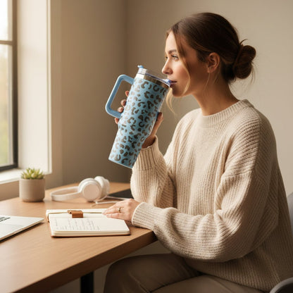 Shaketea leopard-print 40oz tumbler with blue handle and straw lid on Tampa Home & Garden Store