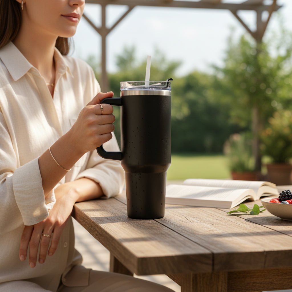 40 oz stainless steel insulated tumbler with matte black finish, handle and straw lid on Tampa Home & Garden Store