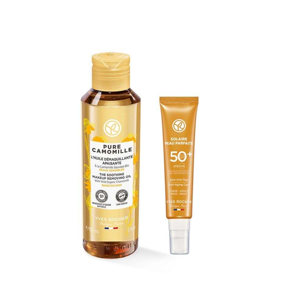 Camomile oil makeup remover bottle with gold label and Yves Rocher SPF 50+ sunscreen tube on Tampa Home & Garden Store