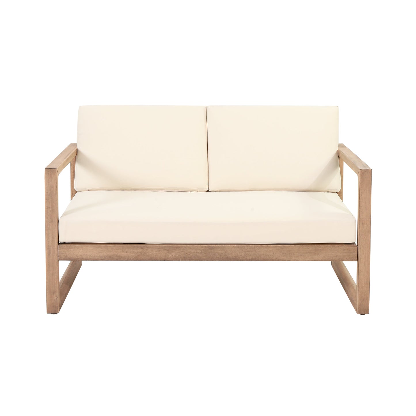 Outdoor acacia wood loveseat and coffee table set by HouseOfZazla with beige cushions on Tampa Home & Garden Store