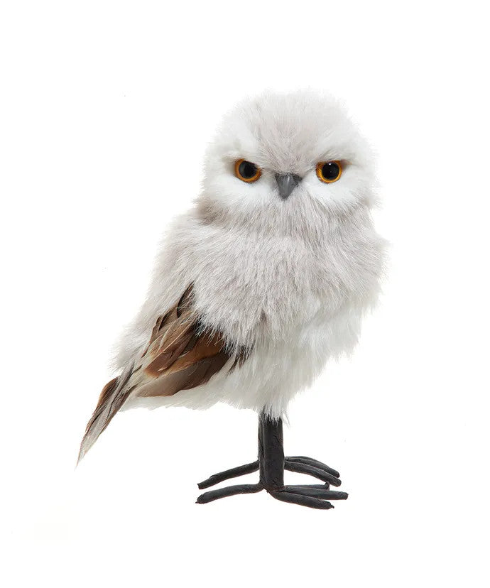 Standing Grey Owl - 8 Inches figurine, fluffy grey-white plumage, orange eyes, black stand on Tampa Home & Garden Store