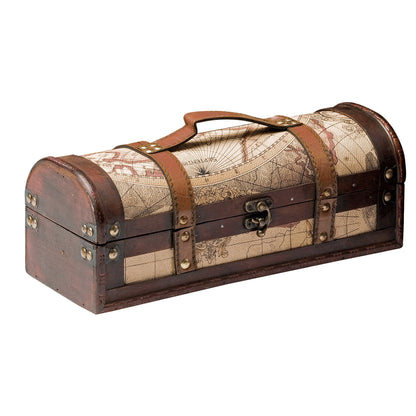 Old World Wooden Wine Box decorative chest with map print and brown leather straps on Tampa Home & Garden Store