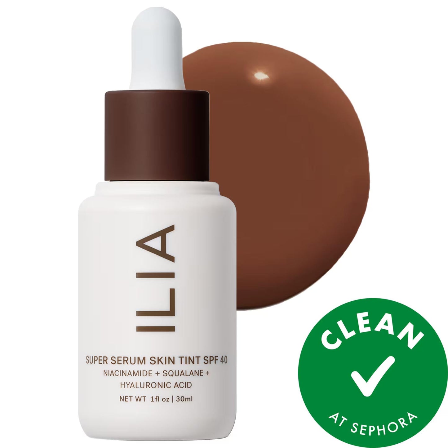 Foundation ILIA Super Serum Skin Tint SPF 40 bottle with white dropper and brown cap; vegan seal on Tampa Home & Garden Store