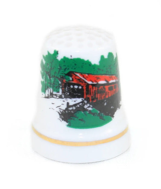 Vermont ceramic thimble with red covered bridge and green trees by The Country Christmas Loft on Tampa Home & Garden Store
