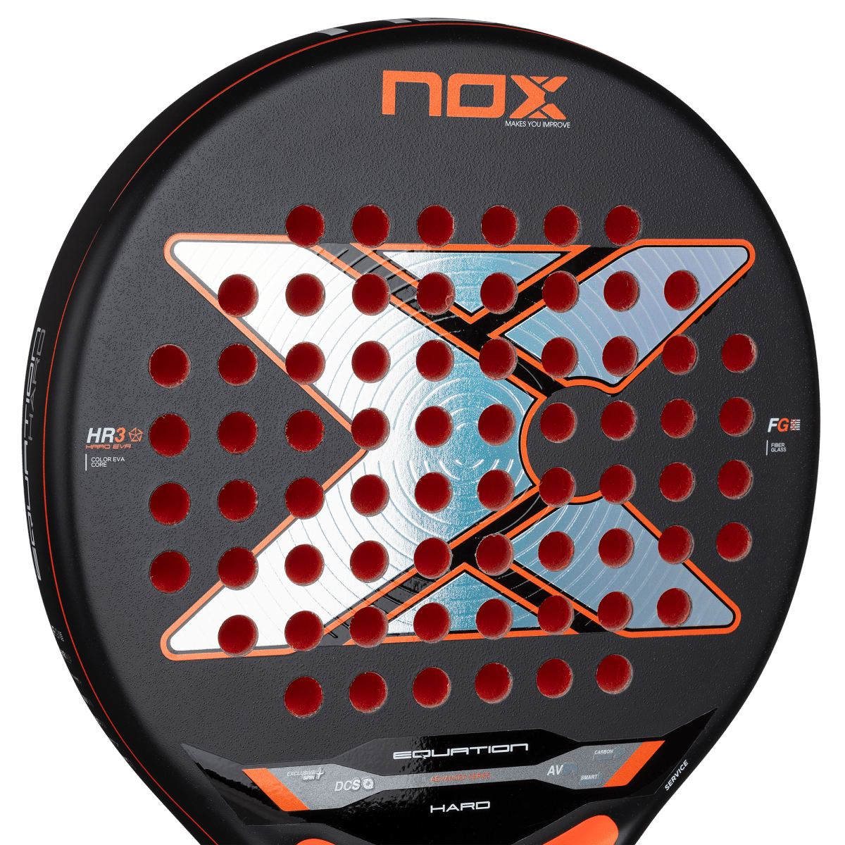 NOX Equation Hard Advanced 2026 Padel Racket black with orange trim and red holes on Tampa Home & Garden Store