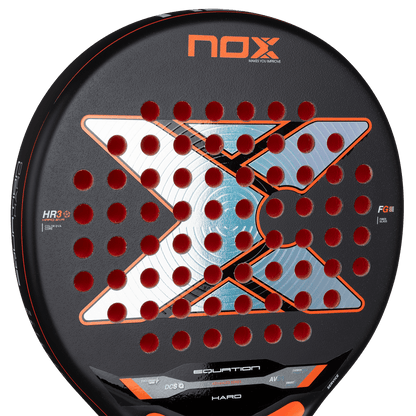 NOX Equation Hard Advanced 2026 Padel Racket black with orange trim and red holes on Tampa Home & Garden Store