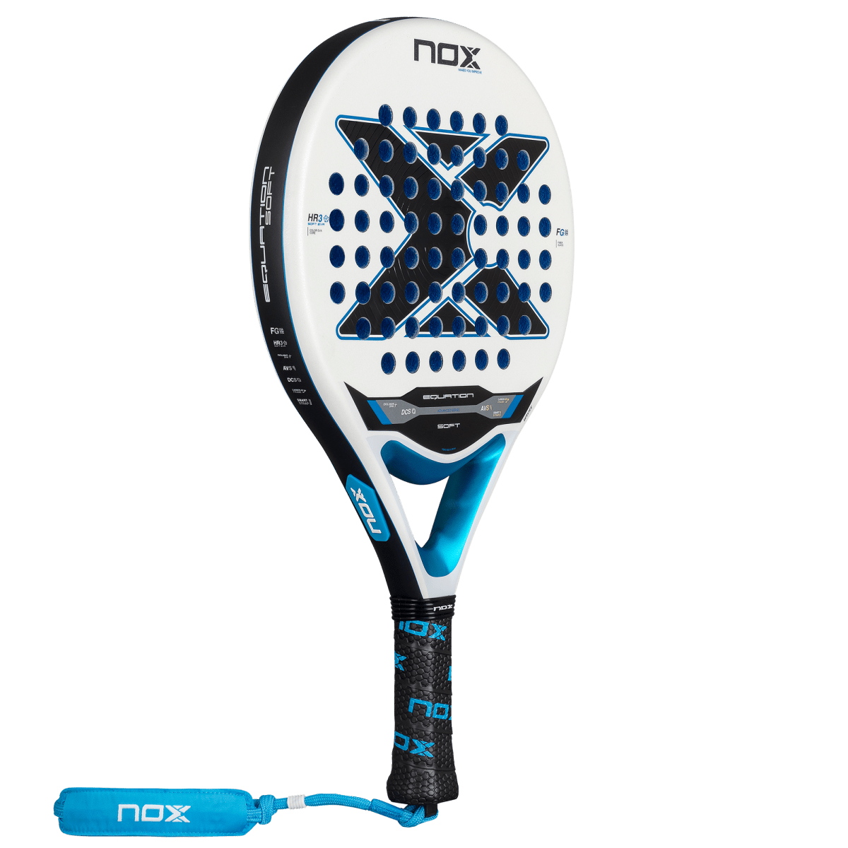 NOX Equation Soft Advanced 2026 padel racket with white head, blue accents and blue grip on Tampa Home & Garden Store