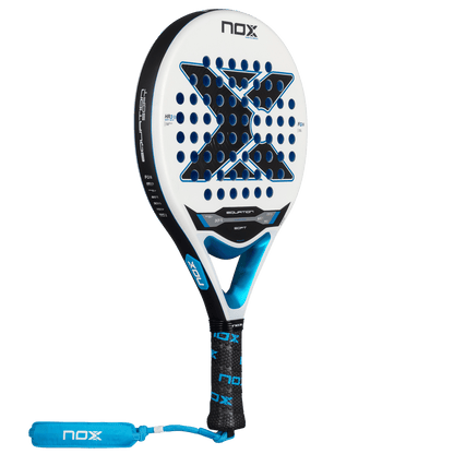 NOX Equation Soft Advanced 2026 padel racket with white head, blue accents and blue grip on Tampa Home & Garden Store
