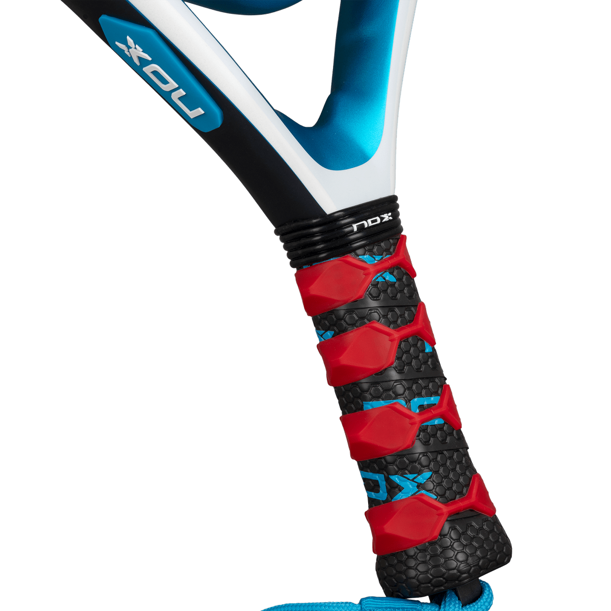 NOX Equation Soft Advanced 2026 padel racket handle with blue frame and red grip on Tampa Home & Garden Store