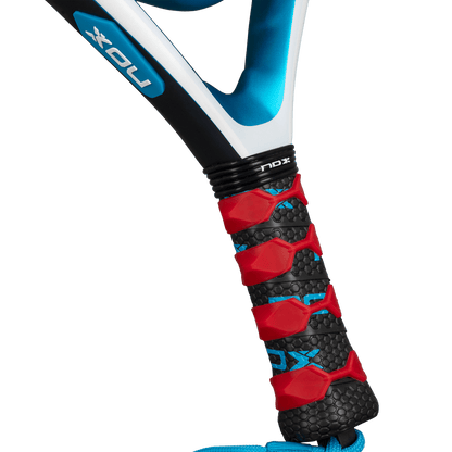 NOX Equation Soft Advanced 2026 padel racket handle with blue frame and red grip on Tampa Home & Garden Store