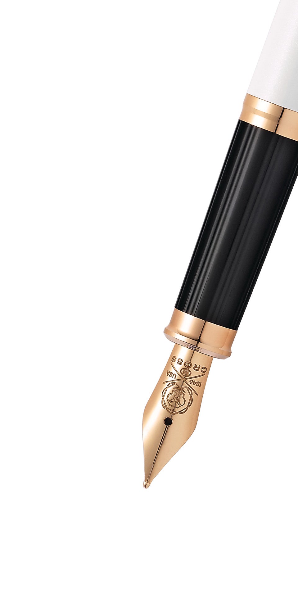 Cross Century II pearlescent white lacquer fountain pen nib on black barrel with gold trim on Tampa Home & Garden Store