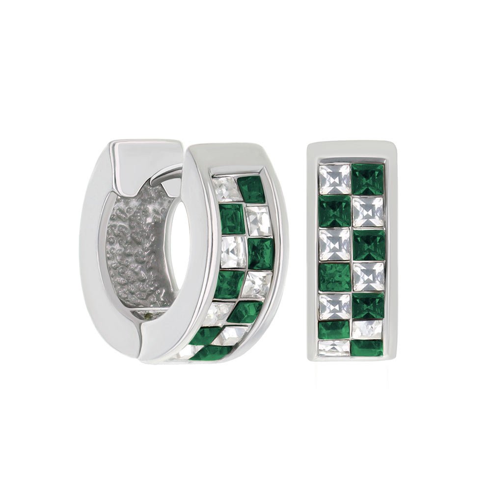 Checkered Huggies two-piece set: silver hoop and rectangular stud with green and clear stones on Tampa Home & Garden Store