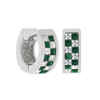 Checkered Huggies two-piece set: silver hoop and rectangular stud with green and clear stones on Tampa Home & Garden Store