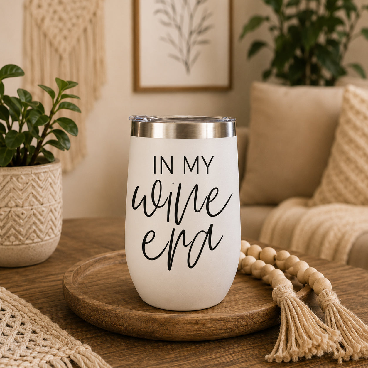 Gia Roma Wine Era 17oz tumbler white matte finish with black script wine era and clear lid on Tampa Home & Garden Store