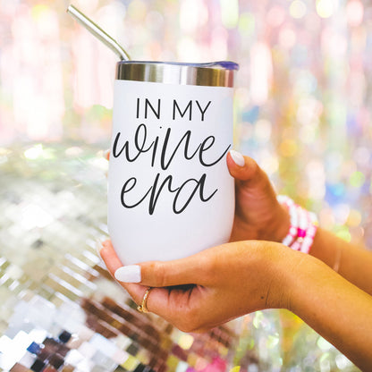Wine Era 17oz tumbler by Gia Roma, white stainless steel with straw, held in hands on Tampa Home & Garden Store