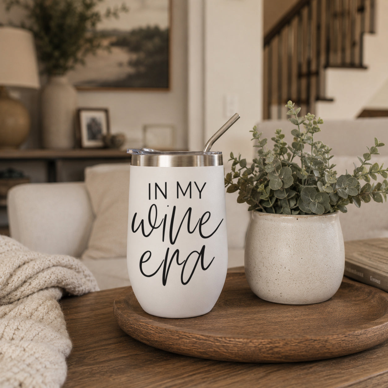 Wine Era 17oz tumbler by Gia Roma, white stainless steel with black script and metal lid on Tampa Home & Garden Store