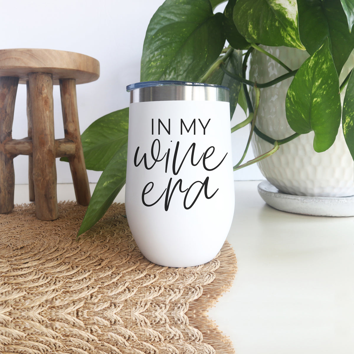 Wine Era 17oz tumbler by Gia Roma, white stainless steel with silver lid and black script on Tampa Home & Garden Store