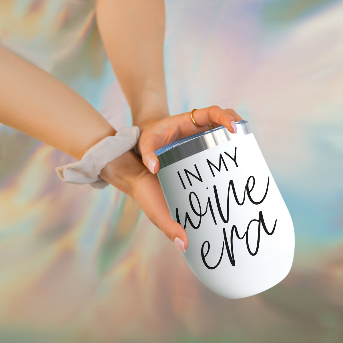 Gia Roma Wine Era 17oz tumbler, white with black script In my wine era, held in hand on Tampa Home & Garden Store