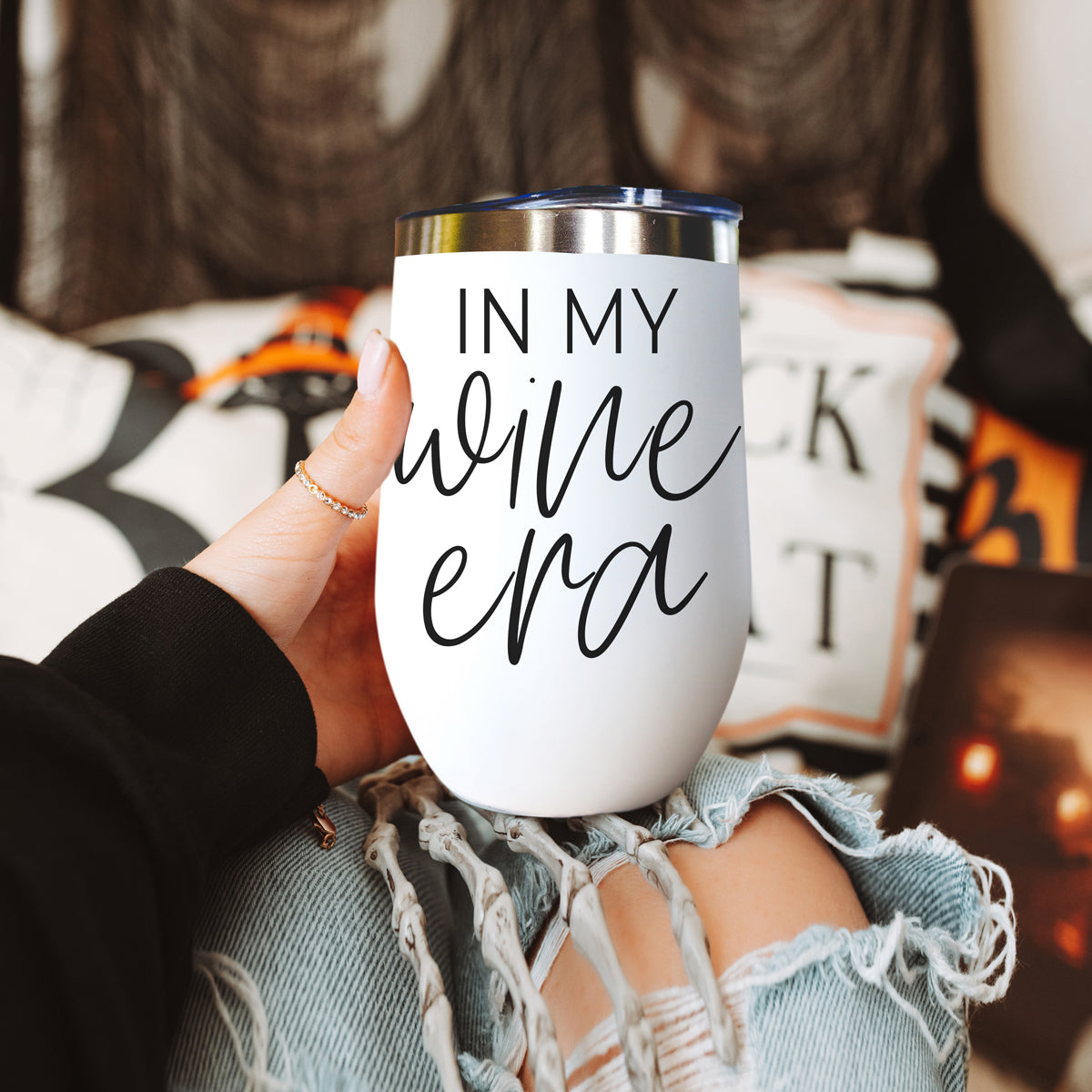 Wine Era 17oz tumbler Gia Roma white with black script in my wine era blue lid on Tampa Home & Garden Store