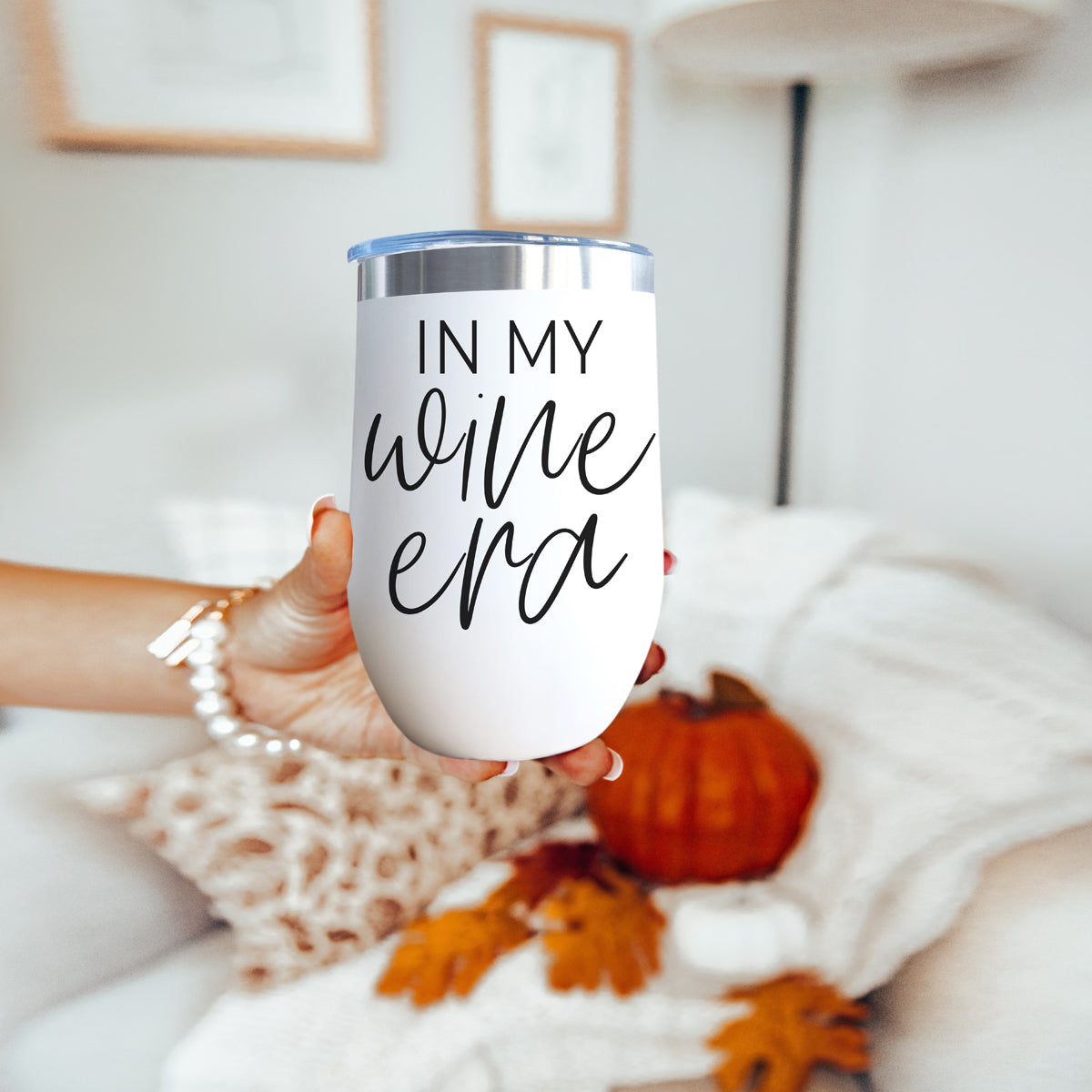 Gia Roma Wine Era 17oz tumbler white with stainless steel rim featuring In My Wine Era script on Tampa Home & Garden Store