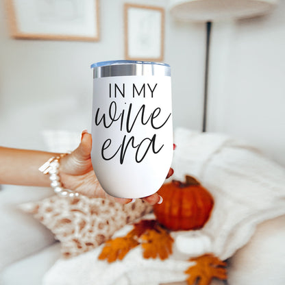 Gia Roma Wine Era 17oz tumbler white with stainless steel rim featuring In My Wine Era script on Tampa Home & Garden Store