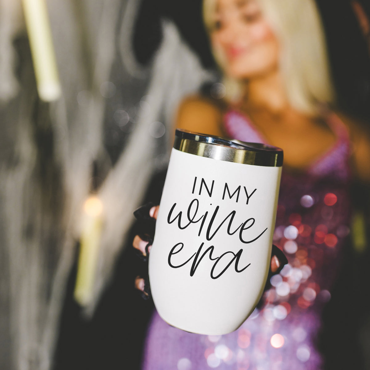 Wine Era 17oz tumbler white with black IN MY wine era script and stainless steel rim on Tampa Home & Garden Store
